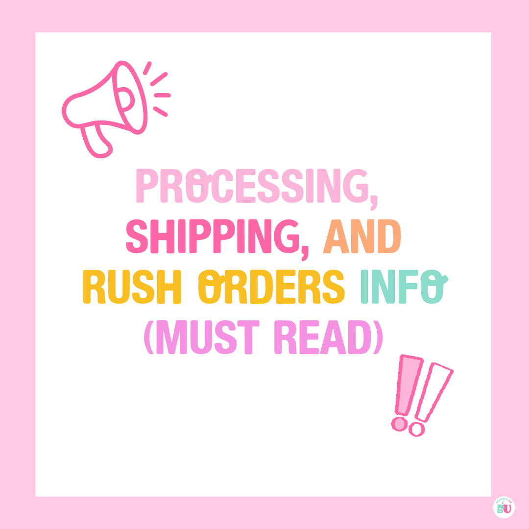 Text about processing, shipping, and rush orders with icons on a pink background