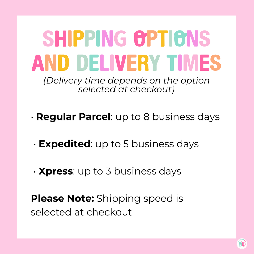 Shipping options and delivery times chart with colorful text on a pink background