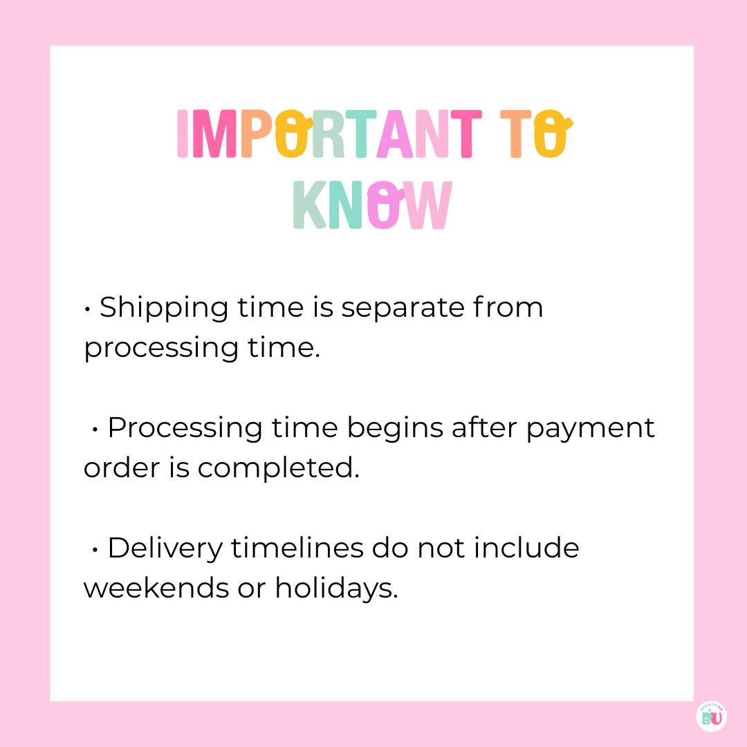 Informational text about shipping and processing times on a pink background