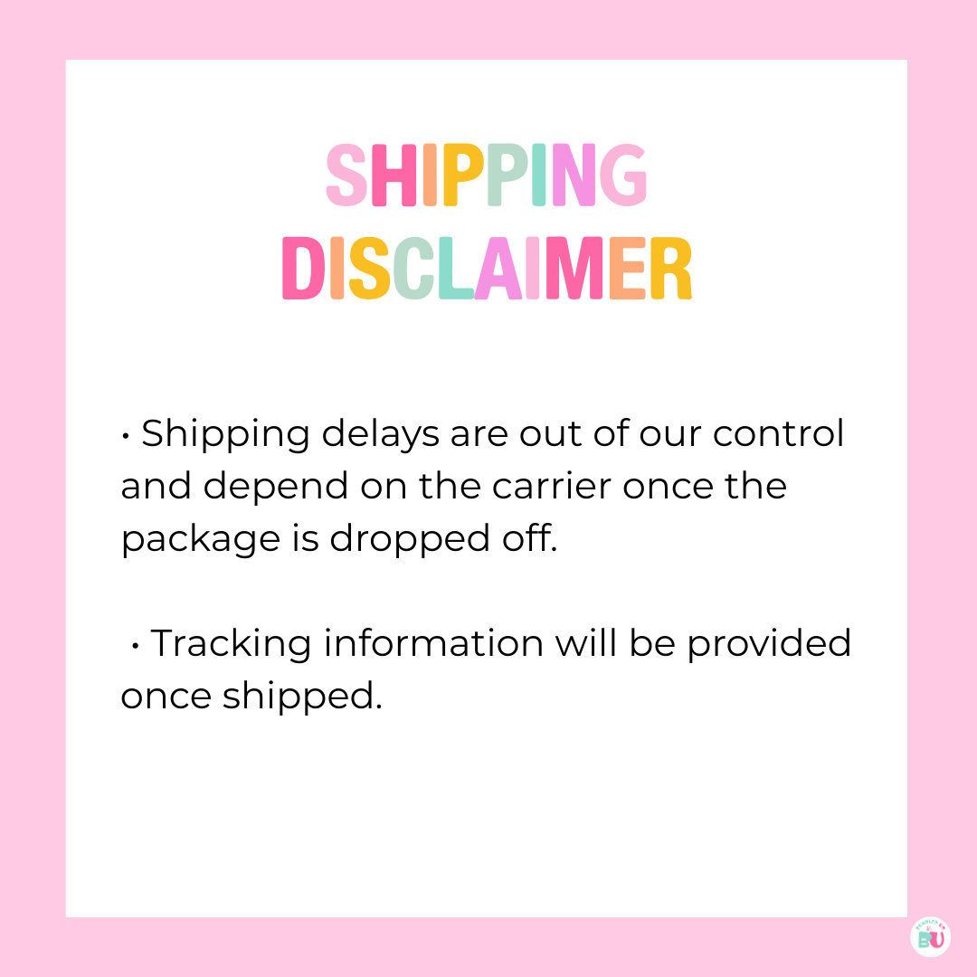 Shipping disclaimer text on a pink background