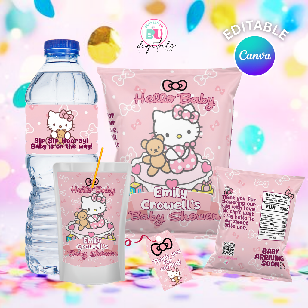 Hello Kitty Baby Shower Template Bundle, Editable Canva Party Favors (Digital Download)
