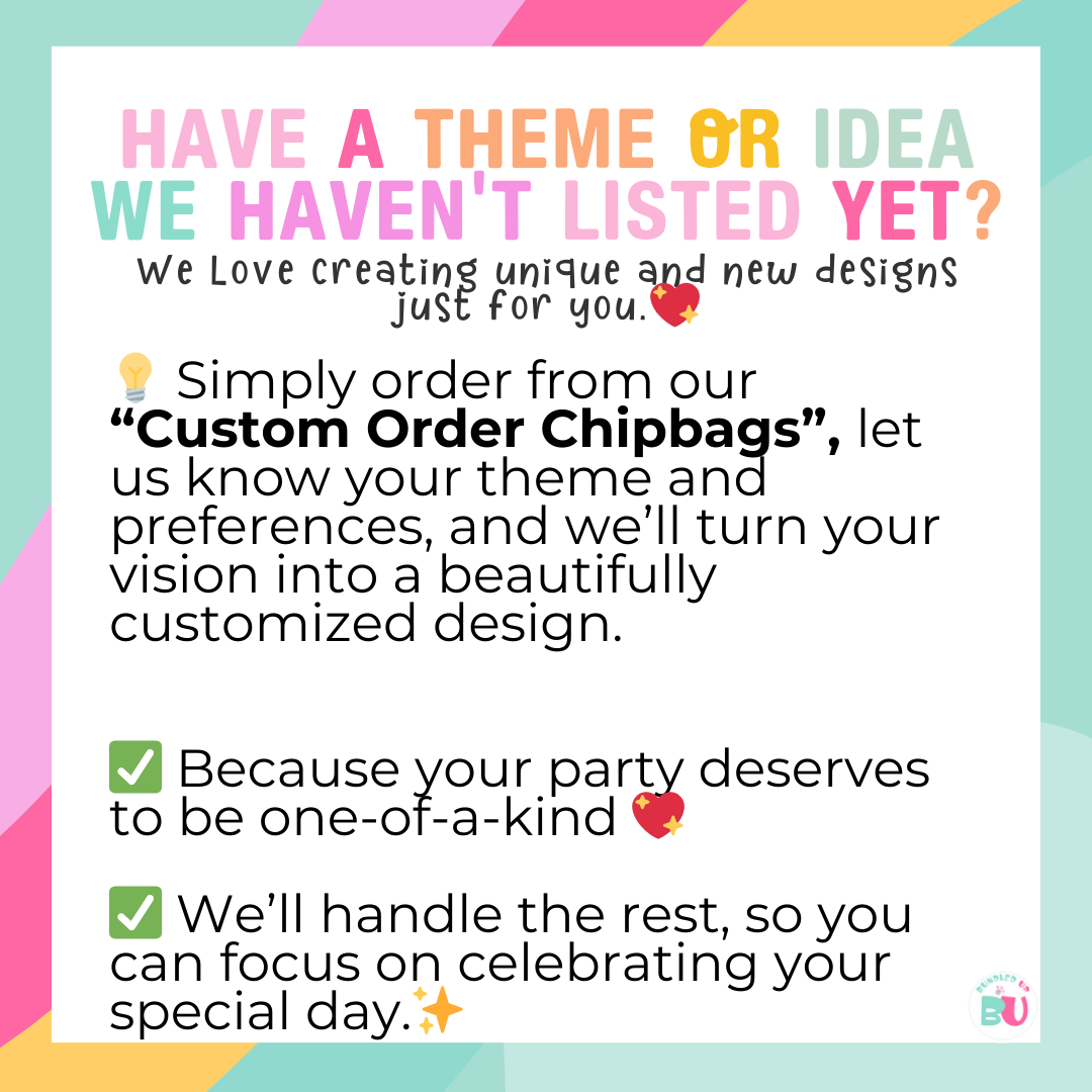 Promotional text for custom order chipbags with colorful border and text.